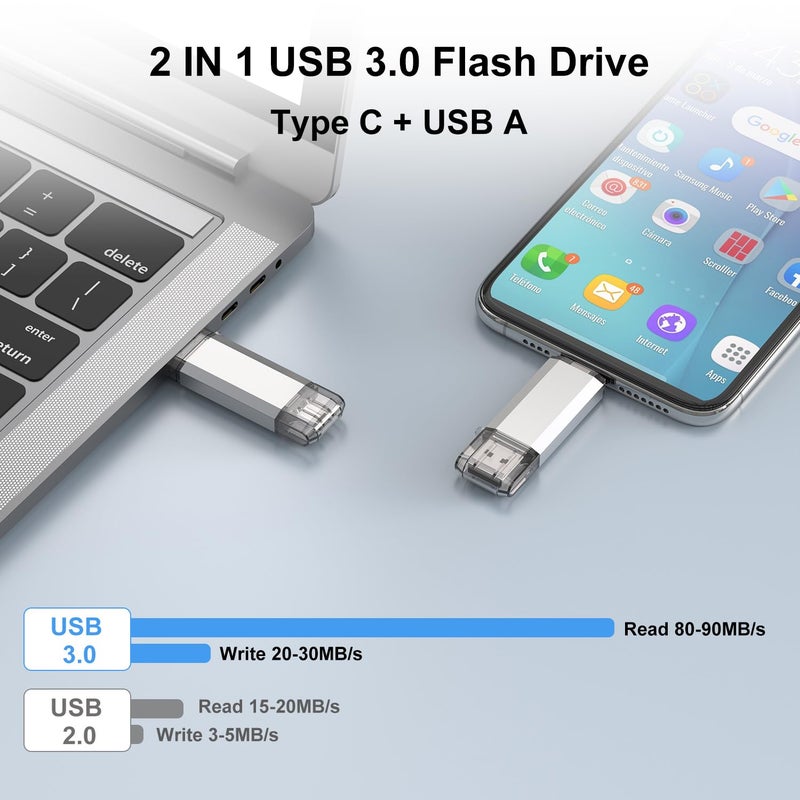 RAOYI 128GB USB C Flash Drive, 2 in 1 USB 3.0 Type C Dual OTG Metal Thumb Drive Jump Drive Memory Stick with Keychain Suitable for USB-C Smartphones, MacBook, Computers and Tablets (Silver) - Image 3